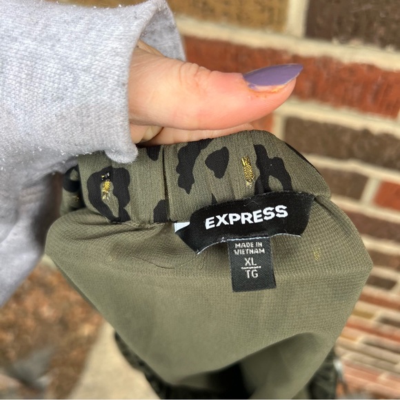 Express Olive Green Black and Gold Glitter Cheetah Off the Shoulder Flounce Top - Picture 3 of 3